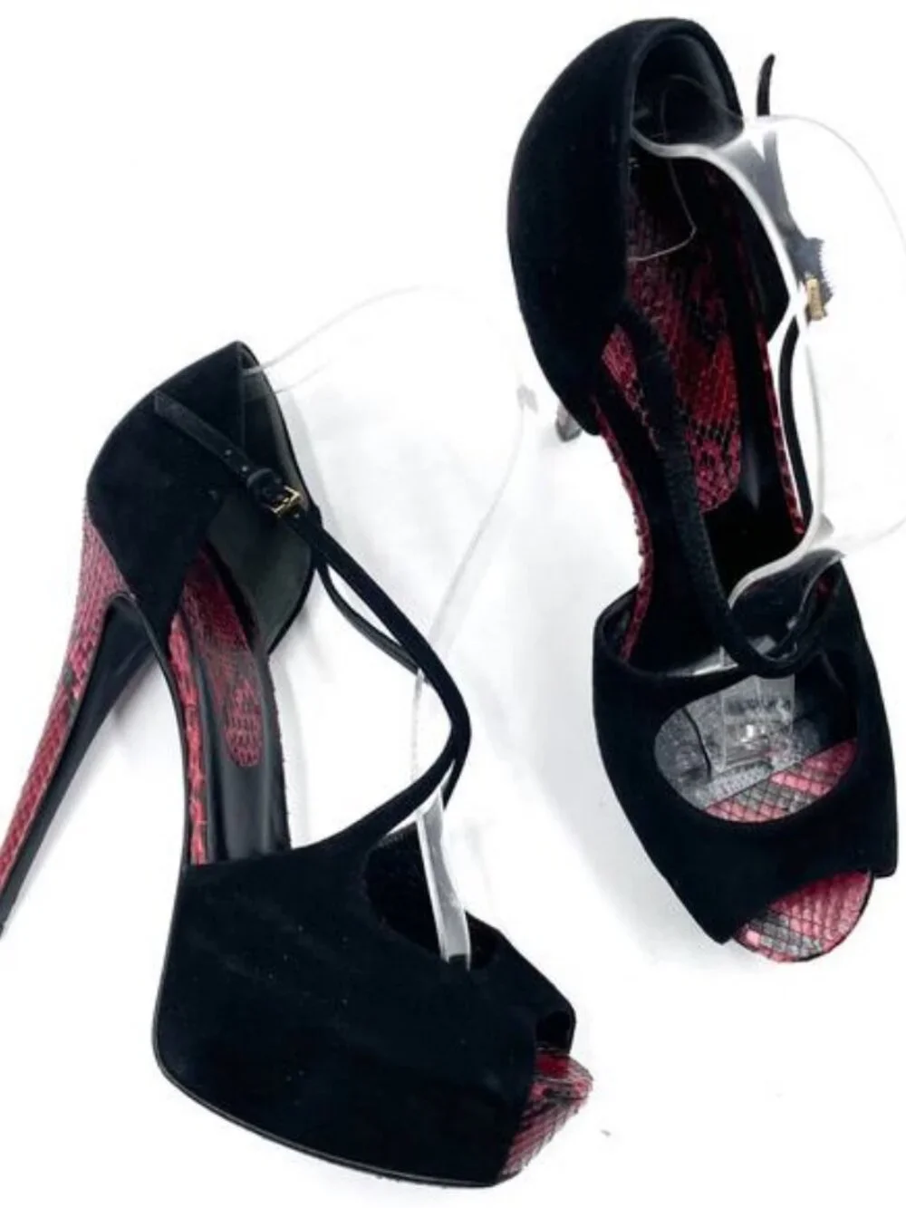 Epic Gucci black suede with red and pink Python Snakeskin platform heels  size 3
